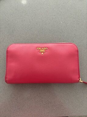 Prada Hot Pink Saffiano Zip-Around Wallet with Gold Logo
